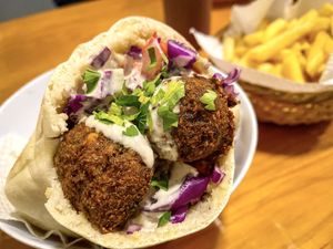 Falafel sandwich and fries  at Falafel Nessya in Playa Del Carmen