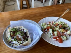 Half pita and Israeli salad  at Falafel Nessya in Playa Del Carmen