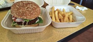 Hamburguesa falafel com batata frita (embalagem para viagem) at Falafel Nessya in Playa Del Carmen
