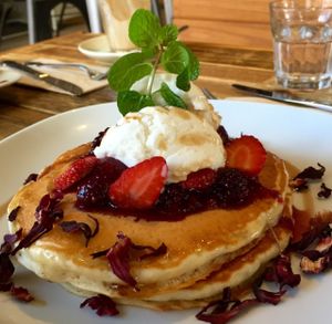 Vegan pancakes with berry compote and soy icecream  at Little River in Brunswick