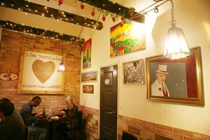 Artsy interior at Olive Tree Hummus Original in Budapest