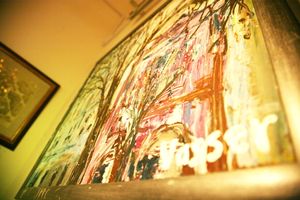 Art works of the owner at Olive Tree Hummus Original in Budapest