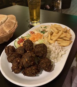 Falafel with hummus and fries  at Olive Tree Hummus Original in Budapest