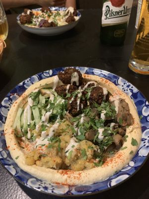 Chickpea, falafel, mushroom, hummus salad  at Olive Tree Hummus Original in Budapest