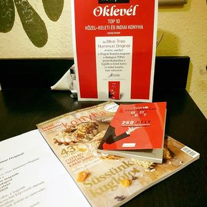 our 2019 award as one of the best middle eastern restaurants in Budapest at Olive Tree Hummus Original in Budapest