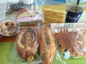 purchased all these back to Singapore. it's very well done - the rainbow cream bread smells and tastes so fresh with strawberries and green tea. the garlic and au pain chocolat are fantastic at The Bread Blue - Nogosan in Seoul