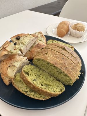 Potato and ham bread, spinach bread, salt bread (croissant), bean powder ball #Veganuary at The Bread Blue - Nogosan in Seoul