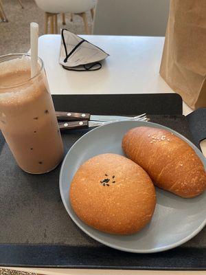Chocolate latte with red bean bun and salt croissant  at The Bread Blue - Nogosan in Seoul