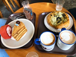 Coffee flavored cake, berry flavored cream roll thing, and potato bread at The Bread Blue - Nogosan in Seoul