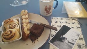 Pretzel, brownie, cinnamon bread and coffee at The Bread Blue - Nogosan in Seoul