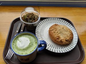 Matcha latte, green tea muffin and bean pastry at The Bread Blue - Nogosan in Seoul