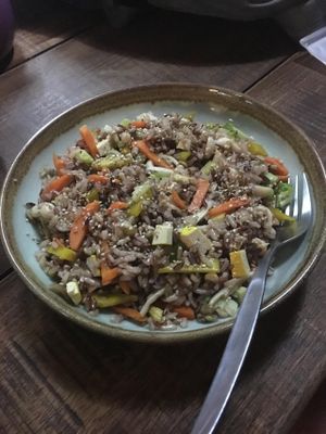 Stir fry brown rice w/beans,vegetables,nuts and sauce at Akasha Home Restaurant in Koh Phangan
