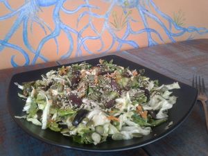 An amazing greek authentic vegan salad. Organic, green, raw and delicious! at Akasha Home Restaurant in Koh Phangan