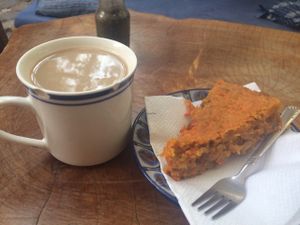 carrot cake & chai tea at Shambhala Cafe in San Marcos La Laguna