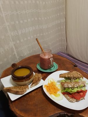 Soup and vegan sandwich with amazing juice. Does life get any better? at Shambhala Cafe in San Marcos La Laguna