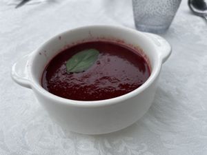 Beetroot soup - part of set lunch  at Lee Ocarina Cafe in Outlying Islands