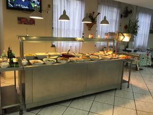 Hot meal counter at Panda Vegan Restaurant in Sao Paulo