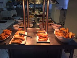 Hot meal counter at Panda Vegan Restaurant in Sao Paulo
