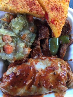 Polenta, vegetable pot pie, seitan stir-fry, stuffed cabbage at Gaia's Garden in Santa Rosa
