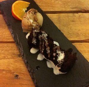 Chocolate orange brownie with earl grey ice cream at Painted Elephant in Newcastle Upon Tyne