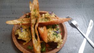 Lentils and Aubergine Meatballs Creamy fennel and Dill sauce/garlic crostinni/pomegranate salad.  at Coca Sova in Dublin