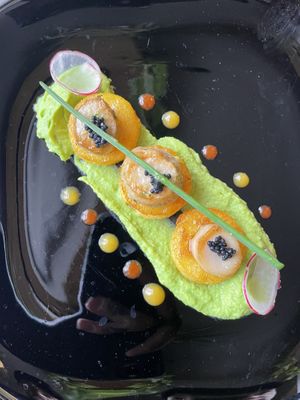 Starter: Oyster Mushroom Scallops over pea purée (mind blowing)  at Coca Sova in Dublin