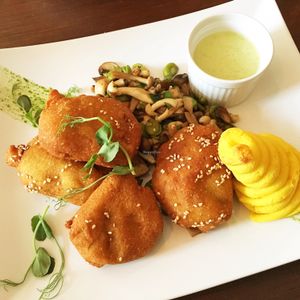 Soy schnitzels, potatoes, & mushroom ragu at Coca Sova in Dublin