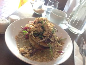 potato and coliflower pancakes with mushroom sauce and tofu toppings ! delicious! at Coca Sova in Dublin