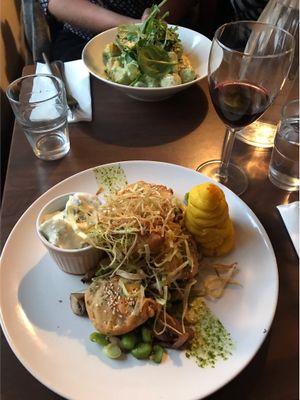 Soya schnitzel with duchess potato, mushrooms, broad beans and tartare sauce  at Coca Sova in Dublin