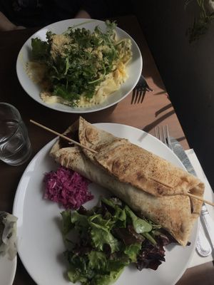 smoked salmon creamy farfelle, and a seitan shawarma kebab at Coca Sova in Dublin