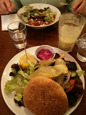 Beet burger and potato & cauliflower pancakes with smoked tofu at Coca Sova in Dublin