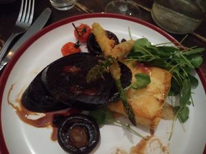 Seitan steak with breaded asparagus and potato gratin at Coca Sova in Dublin