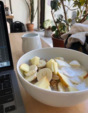 Lots of plants and oat milk granola—perfect for vegans!:)  at Mamacoffee in Prague