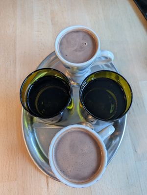 A couple of hot chocolates with oat milk at Mamacoffee in Prague