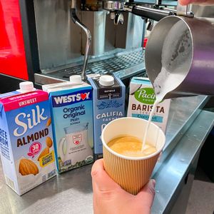 We don't charge extra for plant-based milks!  at New Frontiers Natural Marketplace in Solvang