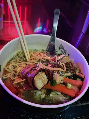 Vegan Ramen with additional tofu wrapped in smoky eggplantt  at Underbelly in San Diego