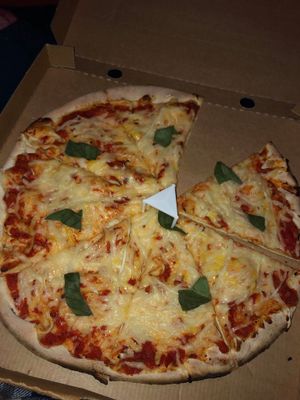 Pizza with vegan cheese, really good!  at Pizza Letna in Prague