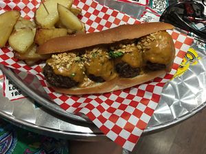The vegan meatball sandwich with Asian peanut sauce at Bolero Meatball in Madrid