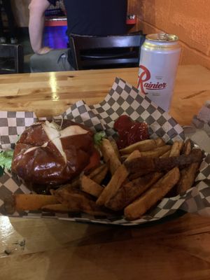 BBQ burger and fries (with a Rainier tall boy) at Le Voyeur in Olympia