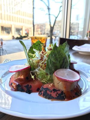 Charred Eggplant and Tomato, with raw radish, fried shallot and spicy tamarind dressing. at NaKorn in Evanston
