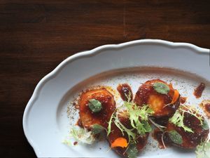 Vegetarian Scallop, medallions of Eringi king mushroom with house made chili jam. at NaKorn in Evanston