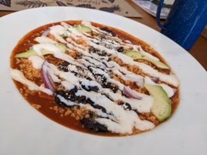Chilaquiles con salsa roja at La Cuisine in Cozumel