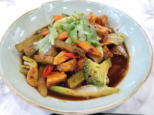 Stir-fry bittergourd with monkeyhead mushrooms in fermented black bean sauce at Onn Vegetarian 安顺素食 in Central Singapore