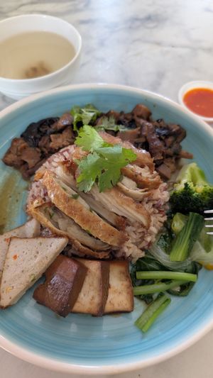 Mushroom and chicken with brown rice (8SGD) at Onn Vegetarian 安顺素食 in Central Singapore