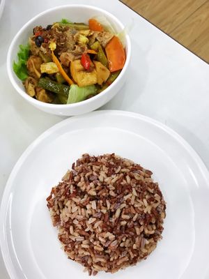 Bitter gourd mushroom with brown rice  at Onn Vegetarian 安顺素食 in Central Singapore