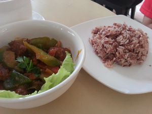 Stir-fry spicy bitter gourd & vegetarian mutton with organic brown rice at Onn Vegetarian 安顺素食 in Central Singapore