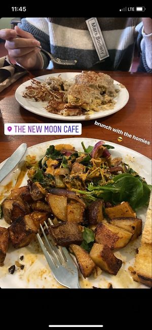 Vegan Delight with homefries and tempeh (near) & Vegan Biscuits and Gravy with Hashbrowns (far) at New Moon Cooperative Cafe in Olympia