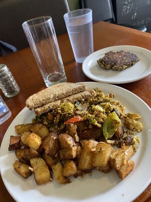 Tofu scramble and homemade sausage   at New Moon Cooperative Cafe in Olympia