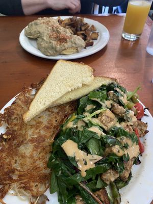 Vegan Delight with Tempeh and Vegan Buscuits and Gravy with home fries  at New Moon Cooperative Cafe in Olympia