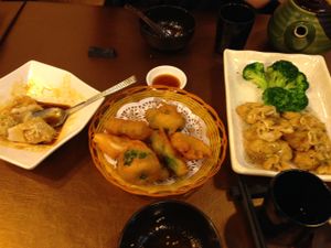 deep fried broccoli and great dumplings at Veggie Family 素食一家 in Kowloon